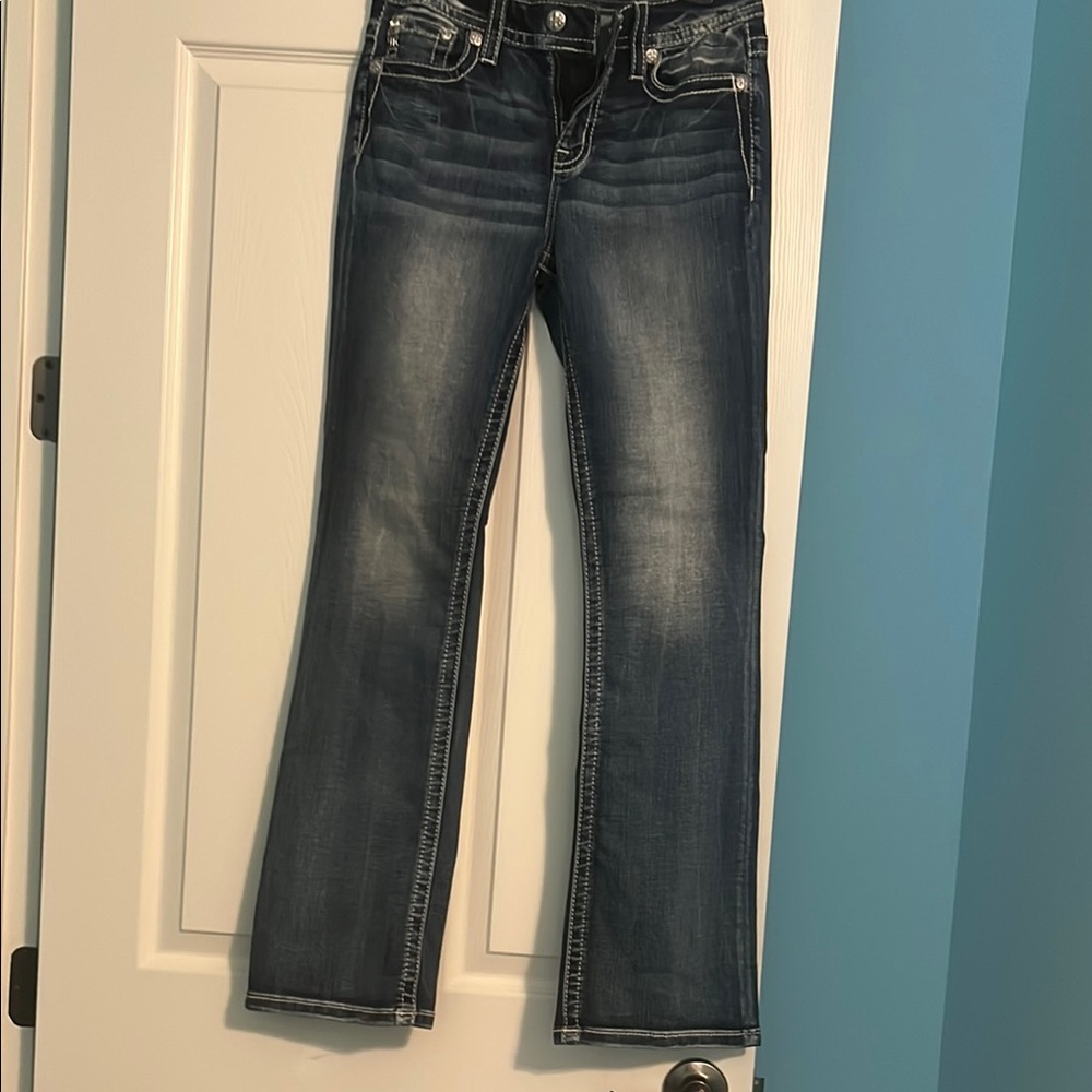 Miss Me Blue Boot Cut Jeans with Distressed Vintage Style